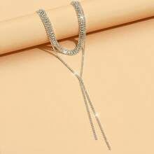 长流苏项链，镶满闪亮水钻，优雅性感风格，女性婚礼项链，个性化颈饰 - 金色 - 查看 4