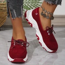 女士鞋子，春秋風格，休閒，鞋帶設計，防滑圓頭女鞋 - 紅色 - 查看 2