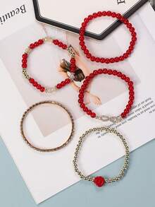 5pcs/Set Bohemian Style Multilayer Beaded Bracelet & Rose Flower Bead Bracelet - Red - View 3