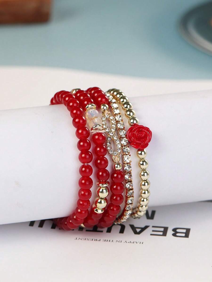 5pcs/Set Bohemian Style Multilayer Beaded Bracelet & Rose Flower Bead Bracelet - Red - View 1
