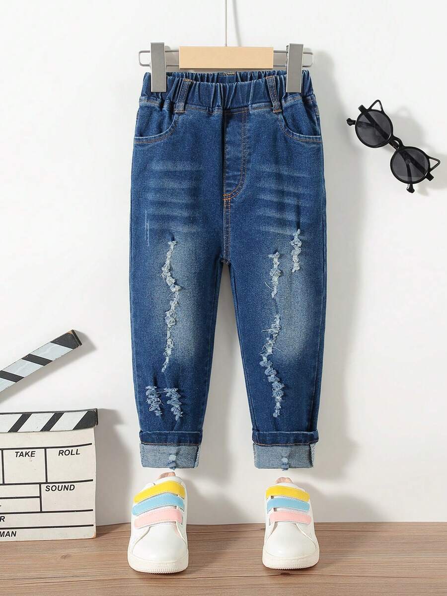 年輕女孩時尚彈性破洞洗水牛仔褲 - 藍色 - 查看 1