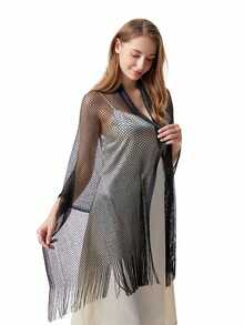 1PC女款披肩2023新款涤纶网眼围巾人造丝披肩金色夏季镂空围巾两用春夏节送闺蜜日常生活出门 - 黑色 - 查看 2