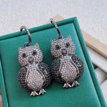 1pair Black Industrial Owl Design Earrings With Micro-Embedded Rhinestones, Perfect For Daily Wear For Women - Black - View 7