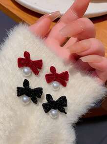 1 对新款时尚潮流不锈钢优雅精致珍珠蝴蝶结耳环女士珠宝婚礼派对高级礼物 - 紅色 - 查看 3