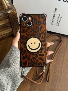 1pc Leopard Print Smiling Face With 1pc Adjustable Shoulder Strap, Semi-Transparent Brown TPU Protective Phone Case With Corner Airbags, Suitable For IPhone 17/17 Pro/Air/17 Pro Max/16/16 Pro/16 Plus/16 Pro Max/15 Pro Max/15/15 Pro/15 Plus 11/12/13/14