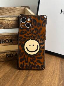 1pc Leopard Print Smiling Face With 1pc Adjustable Shoulder Strap, Semi-Transparent Brown TPU Protective Phone Case With Corner Airbags, Suitable For IPhone 17/17 Pro/Air/17 Pro Max/16/16 Pro/16 Plus/16 Pro Max/15 Pro Max/15/15 Pro/15 Plus 11/12/13/14