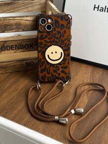 1pc Leopard Print Smiling Face With 1pc Adjustable Shoulder Strap, Semi-Transparent Brown TPU Protective Phone Case With Corner Airbags, Suitable For IPhone 17/17 Pro/Air/17 Pro Max/16/16 Pro/16 Plus/16 Pro Max/15 Pro Max/15/15 Pro/15 Plus 11/12/13/14