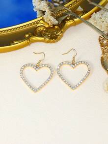 2pcs Heart Shaped Pendant Dangle Earrings With Rhinestone Inlay - Yellow Gold - View 6