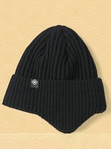 1頂帶裡料黑色針織帽，男女冬季暖毛帽帶耳瓣 - 黑色 - 查看 8