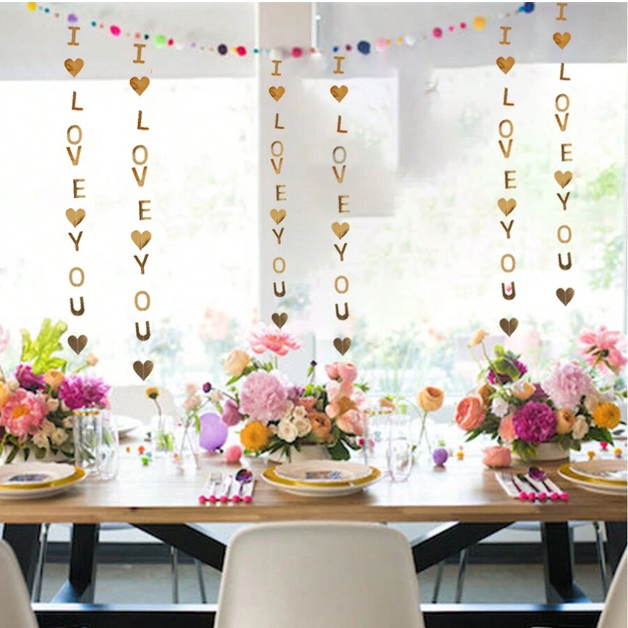 Valentine'S Day Decoration, Flower & Ribbon Garland With I Love You Paper Pendant, Wedding & Party Decor - Gold - View 1