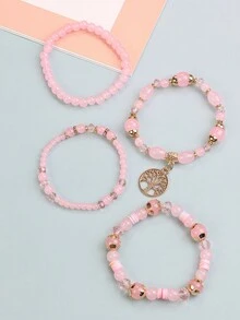 4 件/套波西米亞風格手鍊,帶生命之樹吊墜,粉紅色,時尚珠寶
