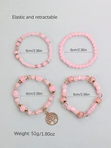4 件/套波西米亞風格手鍊,帶生命之樹吊墜,粉紅色,時尚珠寶