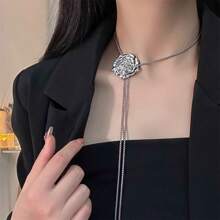 1pc Metallic Rose Flower Pendant Necklace With Circular Ruched Texture, Versatile Necklace, Waist Belt, Collar Chain, Sweater Chain For Women