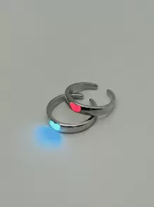 2 件时尚简约设计夜光心形开口可调节银质情侣戒指套装情人节 - 銀色 - 查看 6