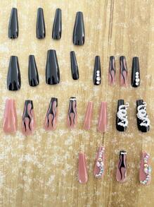 24入組長款歐美風格新年3d龍紋貼紙,帶鑽石珠片、火焰和芭蕾主題+1入組果凍凝膠指甲油卸妝墊+1入組指甲文件 - 彩色 - 查看 5