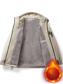 Men's Color Block Letter Printed Fleece Hooded Bomber Jacket - Khaki - View 2