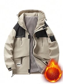 Men's Color Block Letter Printed Fleece Hooded Bomber Jacket - Khaki - View 1