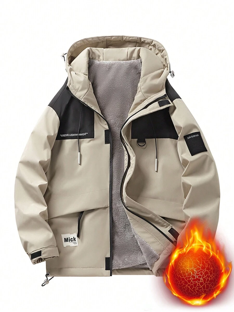 Men's Color Block Letter Printed Fleece Hooded Bomber Jacket - Khaki - View 1