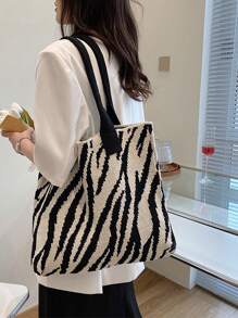 1 件条纹拼色钩针手提包单肩包大容量时尚沙滩包百搭通勤包大容量针织流浪包可爱心形图案手提包女士休闲钩针手提包单肩钱包 - 黑色 - 查看 1