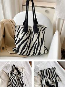 1 件条纹拼色钩针手提包单肩包大容量时尚沙滩包百搭通勤包大容量针织流浪包可爱心形图案手提包女士休闲钩针手提包单肩钱包 - 黑色 - 查看 3