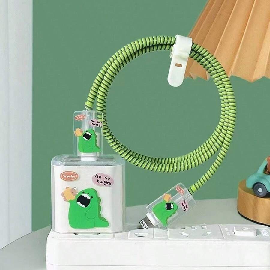 4入組透明卡通恐龍充電器保護套裝，適用於 iPhone 20W - 無色 - 查看 1