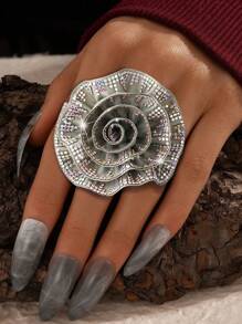 1pc Exaggerated Zirconia Flower Design Ring For Women, Suitable For Valentine's Day And Festival - 1 Rose Exaggerated Zirconia Flower Women's Ring - View 2