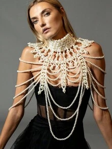 仿珍珠身体链婚礼派对女性装饰品，纯手工制作，适用于晚宴、婚礼、表演道具 - 白色 - 查看 2