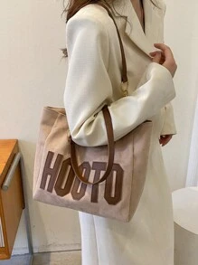 Solid Color Letter Print Large Capacity Casual Lightweight Tote Bag For Shopping, Students, School Tote Bag, School Bookbag, Back To School Bags, Portable, Cute, Suitable For Teen Girls Women College Students, Perfect For Back To School, First Day Of School, College, Work, Business, Commute - Khaki - View 4