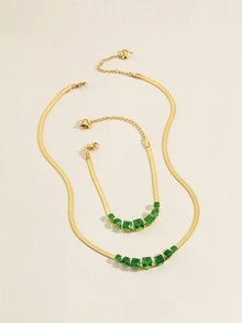 2入組時尚珠寶套裝,綠色珍珠母及裝飾不銹鋼蛇骨項鍊和手鐲,適合女性宴會,派對和日常穿著 - 彩色 - 查看 4
