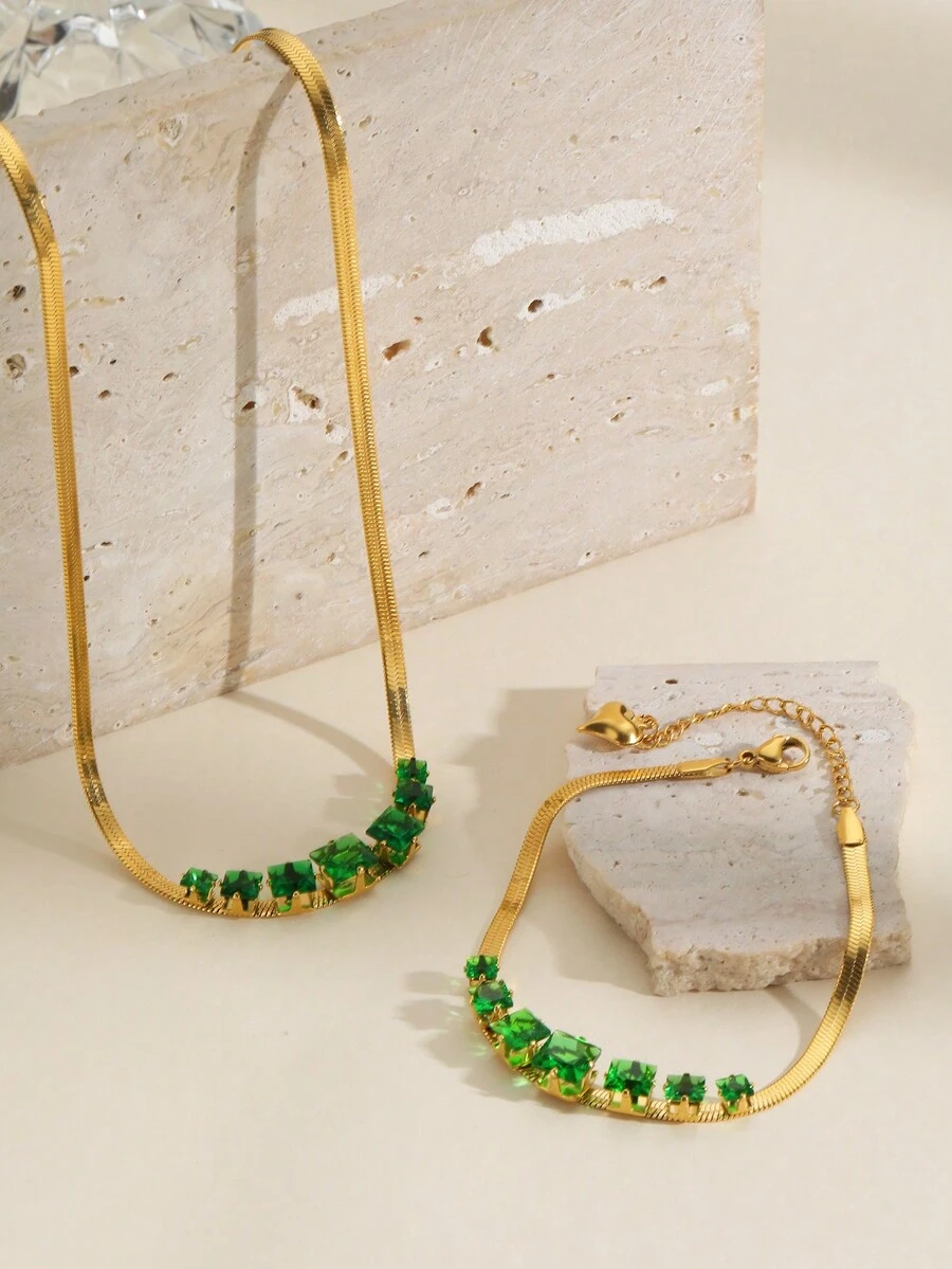 2入組時尚珠寶套裝,綠色珍珠母及裝飾不銹鋼蛇骨項鍊和手鐲,適合女性宴會,派對和日常穿著 - 彩色 - 查看 1