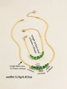 2入組時尚珠寶套裝,綠色珍珠母及裝飾不銹鋼蛇骨項鍊和手鐲,適合女性宴會,派對和日常穿著 - 彩色 - 查看 5