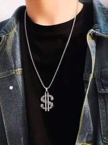 1 Stück 2025 Neue Europäische und Amerikanische Mode übertriebene Dollar Anhänger Halskette, Hip-Hop Edelstahl Pullover Kette Schmuck, großer Strass Geld dekorativer Anhänger Halskette, Herren Alltagskleidung Geburtstagsgeschenk