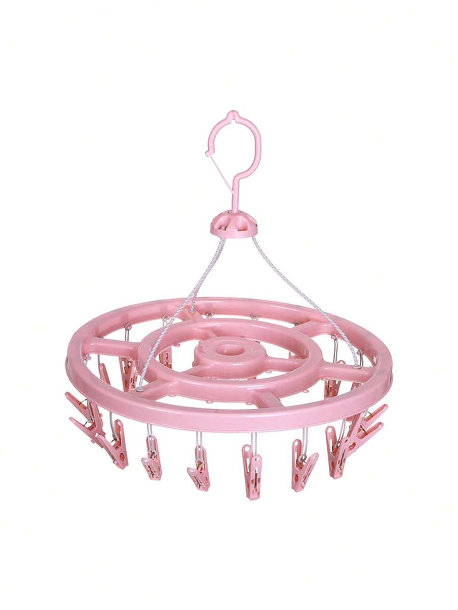 Round Clothes Hanger With 18 Clips, Drying Quick Clips, Plastic Laundry Clips, Suitable For Socks, Bras, Underwear, Clothes, Sturdy, Pink - Pink - View 1