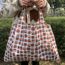 1pc Portable Strawberry Pattern Large Capacity Folding Shopping Bag, Foldable Bag, Printed Hand Storage Bag, Tote Bag Handbag Holiday EssentialsTravel Vacation Valentines Gift - Multicolor - View 3