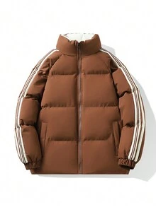 男裝條紋束口加厚運動外套，配編織帶，多用途 - 咖啡棕 - 查看 1