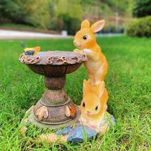 1入組動物主題樹脂工藝卡通戶外太陽能燈,兔形狀圖案花園裝飾 - 橘色 - 查看 4