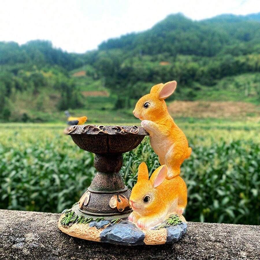 1入組動物主題樹脂工藝卡通戶外太陽能燈,兔形狀圖案花園裝飾 - 橘色 - 查看 1