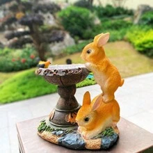 1入組動物主題樹脂工藝卡通戶外太陽能燈,兔形狀圖案花園裝飾 - 橘色 - 查看 3