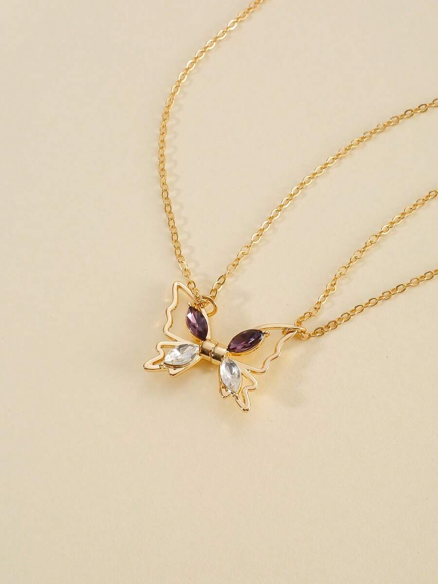 2入組時尚精美的蝴蝶吊墜項鏈套裝,適用於情侶日常生活 - 彩色 - 查看 1