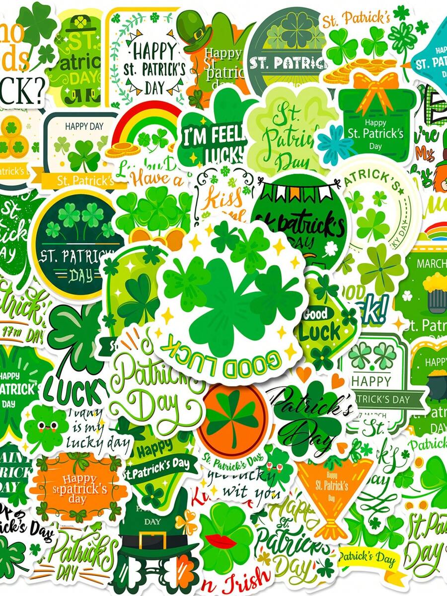50入組聖派屈克節綠色幸運葉子防水裝飾貼紙,聖派屈克節綠色幸運葉子祝福貼紙,適用於裝飾家庭、筆記本、電腦、手機、水杯、滑板、辦公室文具、節慶禮物和生日禮物 - 彩色 - 查看 1