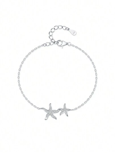 1pc Marine Life Bracelets 925 Sterling Silver Fashion Starfish Cubic Zirconia Adjustable Bracelets For Women Summer Seaside Jewelry