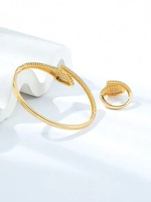 歐美風格創意鏤空網葉方晶鋯石裝飾銅手鐲戒指套裝 - 金色 - 查看 3