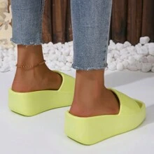 女式夏季厚底拖鞋，防滑簡約素色韓國時尚室內外家居拖鞋 - 綠色 - 查看 5