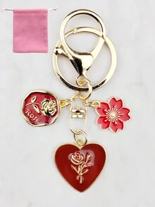 1pc Love Or Rose Shaped Keychain In Velvet Bag Packaging, Car Key Pendant For Couples Or Bags, Small Valentine'S Day Gift For Friends - Burgundy - View 2