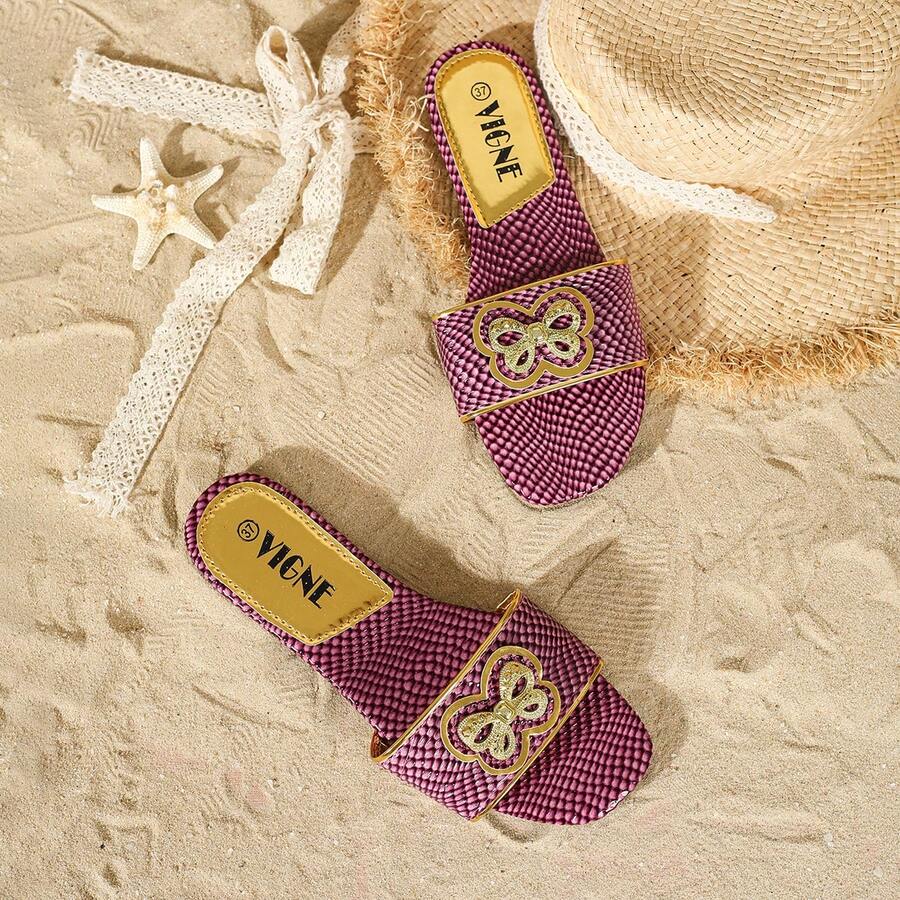 2024时尚活力拖鞋：时尚户外凉鞋，柔软防滑鞋底，搭配耀眼金属扣。时尚百搭蟒蛇纹印花，个性时尚户外拖鞋 - 紫色 - 查看 1