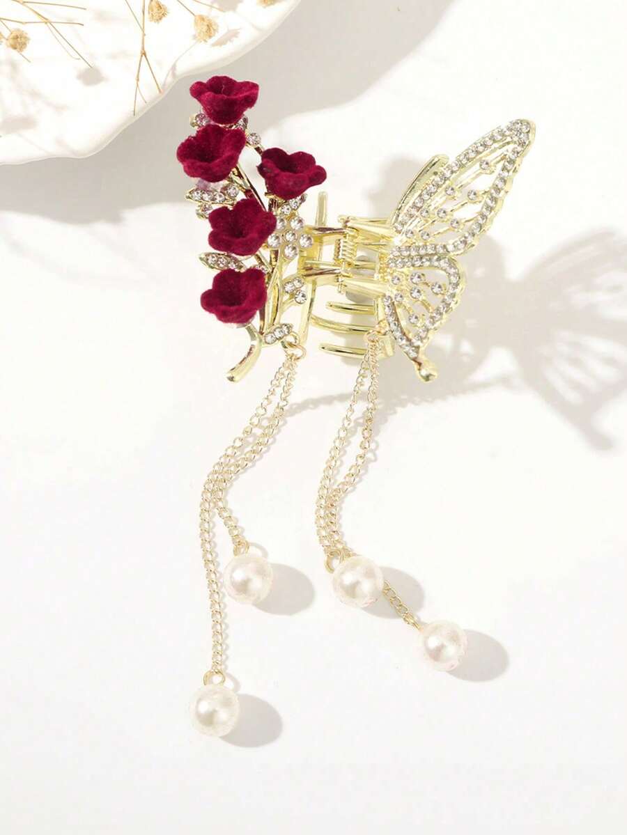 1pc Faux Pearl & Tassel Hair Claw, Red Rose Hairpin, Metallic Hair Claw, Suitable For Daily Wear Elegant Bow - Gold - View 1
