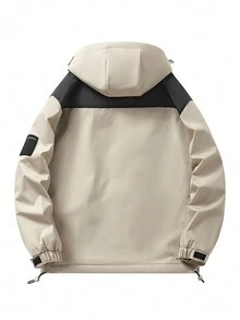 Men's Color Block Letter Printed Fleece Hooded Bomber Jacket - Khaki - View 3