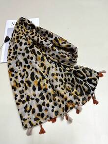 1條簡約印花設計的女士圍巾,時尚,防曬,長圍巾,非常適合海灘,帶流蘇裝飾的頭帶,披肩 - 咖啡棕 - 查看 2