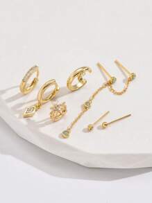7入組澳大利亞珍貴寶石和立方氧化鋯星月設計耳針套裝,適合女士約會、派對或日常佩戴 - 金黃色 - 查看 3