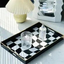 Vintage Chessboard Pattern Waterproof Rectangle Serving Tray For Dining Table Or Tea Table, Ins Highly Attractive - Black and White - View 3